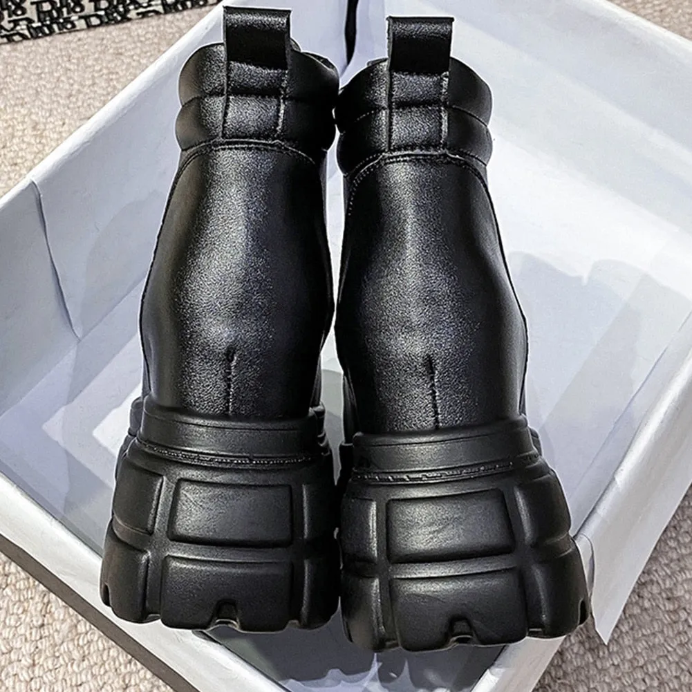 Amozae--Christmas Gift Female Motorcycle Boots Rubber Sole Height Increasing Ankle Boots Platform Chunky Heel Fashion Brand New women's Shoes On Sale