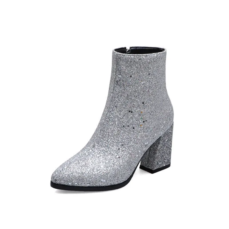 Amozae Luxury Bling Sequined Ankle Boots Women Fashion Square High Heels Autumn Winter Short Boots Gold Silver Green Party Shoes Ladies
