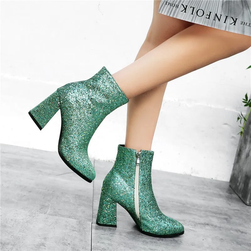Amozae Luxury Bling Sequined Ankle Boots Women Fashion Square High Heels Autumn Winter Short Boots Gold Silver Green Party Shoes Ladies