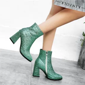 Amozae Luxury Bling Sequined Ankle Boots Women Fashion Square High Heels Autumn Winter Short Boots Gold Silver Green Party Shoes Ladies