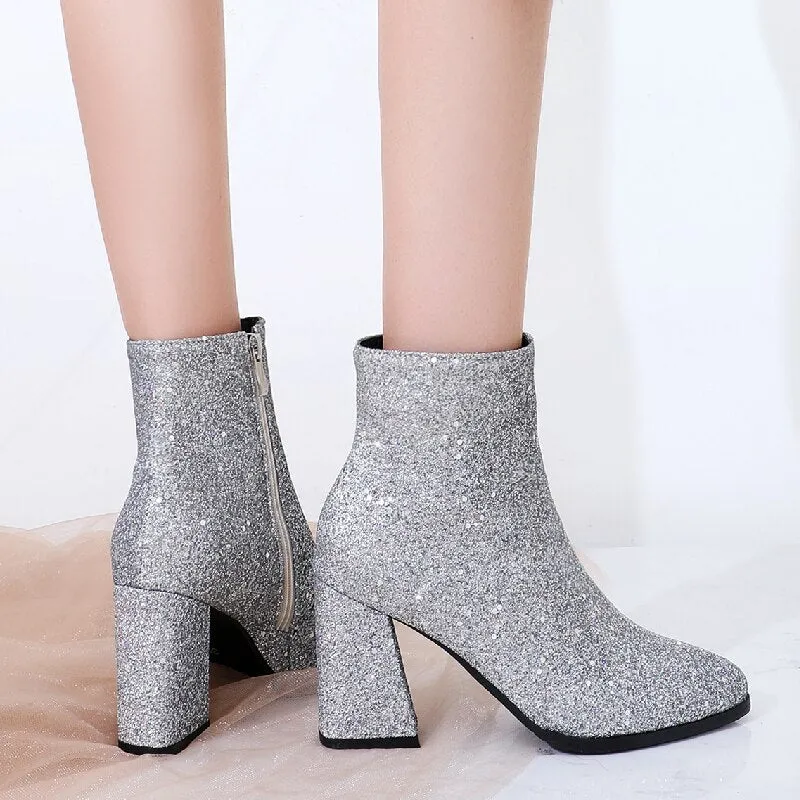 Amozae Luxury Bling Sequined Ankle Boots Women Fashion Square High Heels Autumn Winter Short Boots Gold Silver Green Party Shoes Ladies