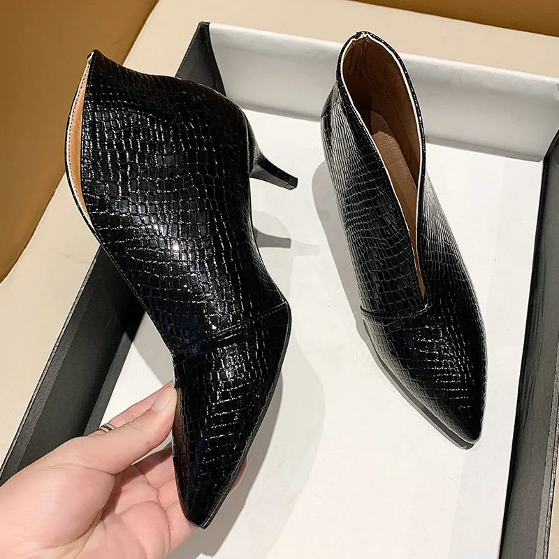Amozae Pointy V-neck Patent-leather Single Women Shoes High Heels Spring Versatile Retro Chunky Single Shoes Zapatos De Mujer Black