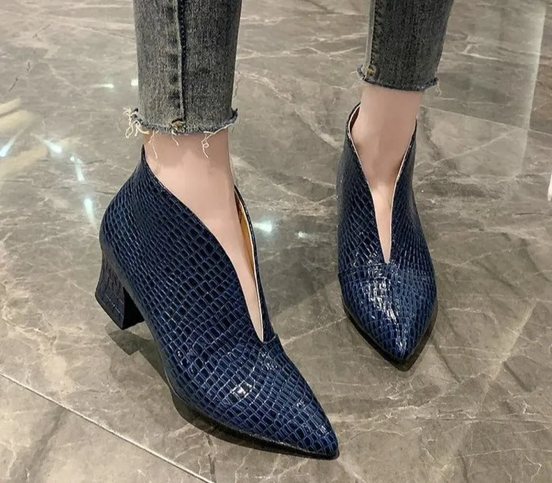 Amozae Pointy V-neck Patent-leather Single Women Shoes High Heels Spring Versatile Retro Chunky Single Shoes Zapatos De Mujer Black