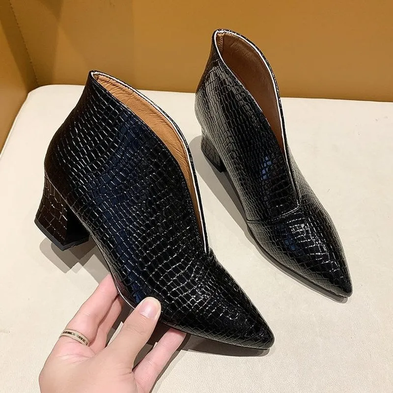 Amozae Pointy V-neck Patent-leather Single Women Shoes High Heels Spring Versatile Retro Chunky Single Shoes Zapatos De Mujer Black