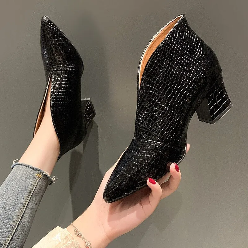Amozae Pointy V-neck Patent-leather Single Women Shoes High Heels Spring Versatile Retro Chunky Single Shoes Zapatos De Mujer Black