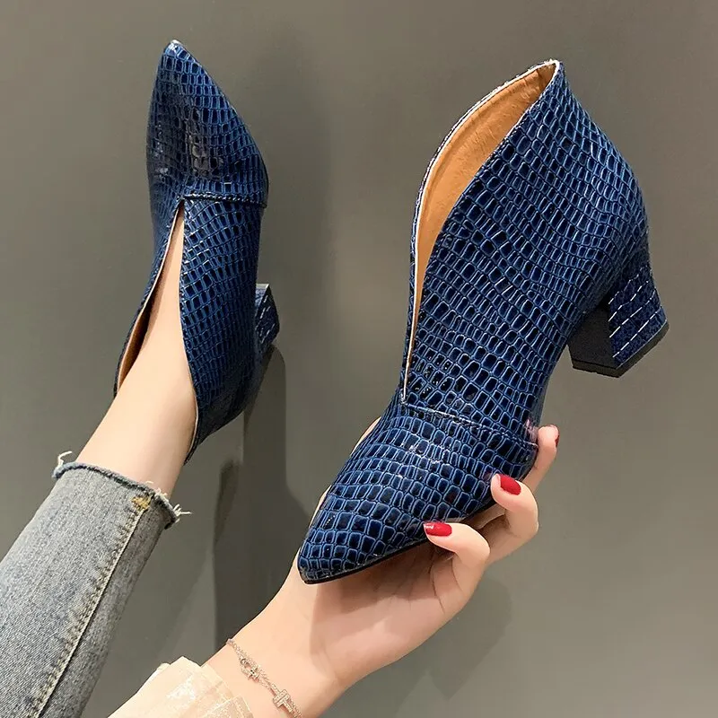 Amozae Pointy V-neck Patent-leather Single Women Shoes High Heels Spring Versatile Retro Chunky Single Shoes Zapatos De Mujer Black