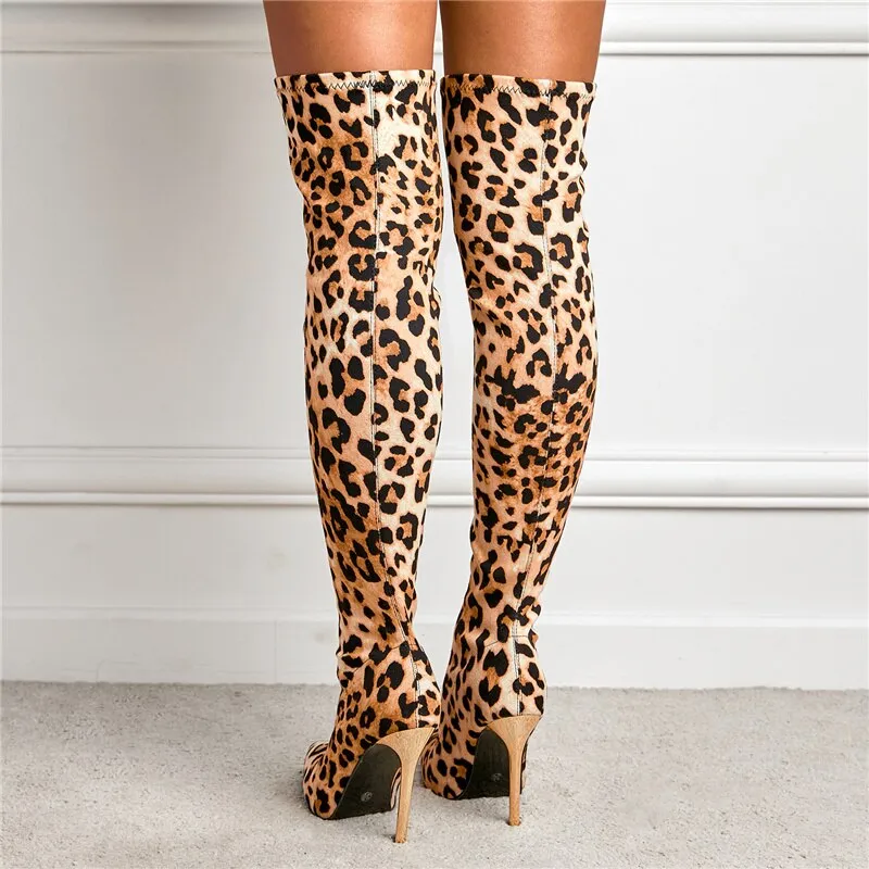 Amozae-  Women Over The Knee High Boots Lady 11cm High Heels   Leopard Long Thigh Booties Winter Fetish Stripper Nightclub Shoes
