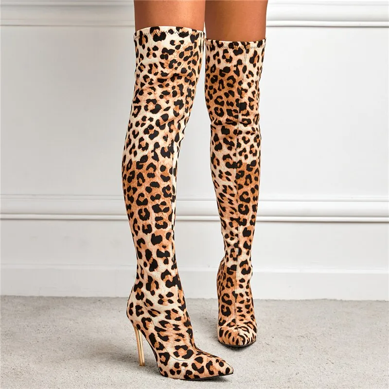 Amozae-  Women Over The Knee High Boots Lady 11cm High Heels   Leopard Long Thigh Booties Winter Fetish Stripper Nightclub Shoes