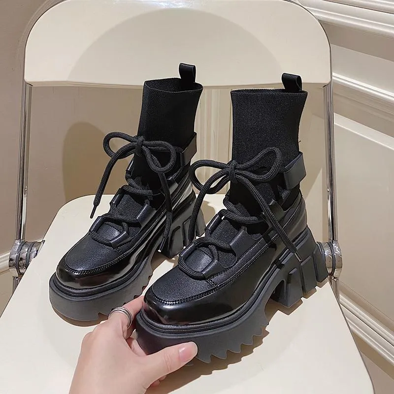 Amozae Women's New Autumn Platform White Black Martin Boots Short Sock British Style All-match Thick Heel Rubber Chunky Heels