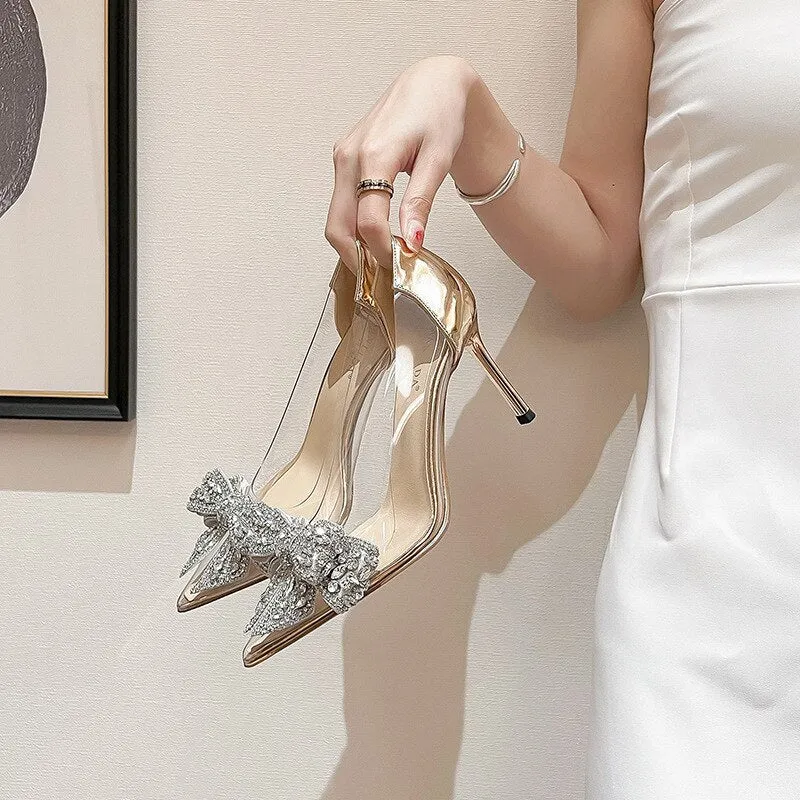 Amozae- Women's Shoes 2024 Crystal Transparent High Heels Women's Stiletto Pointed Rhinestone Bow Champagne Bridal Wedding Shoes