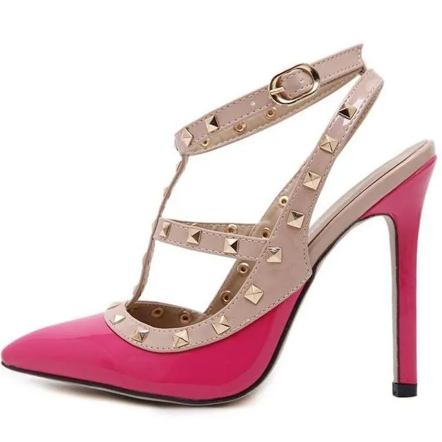 BAYUXSHUO Hot Women Pumps Ladies Sexy Pointed Toe High Heels Fashion Buckle Studded Stiletto High Heel Sandals Shoes Large Size