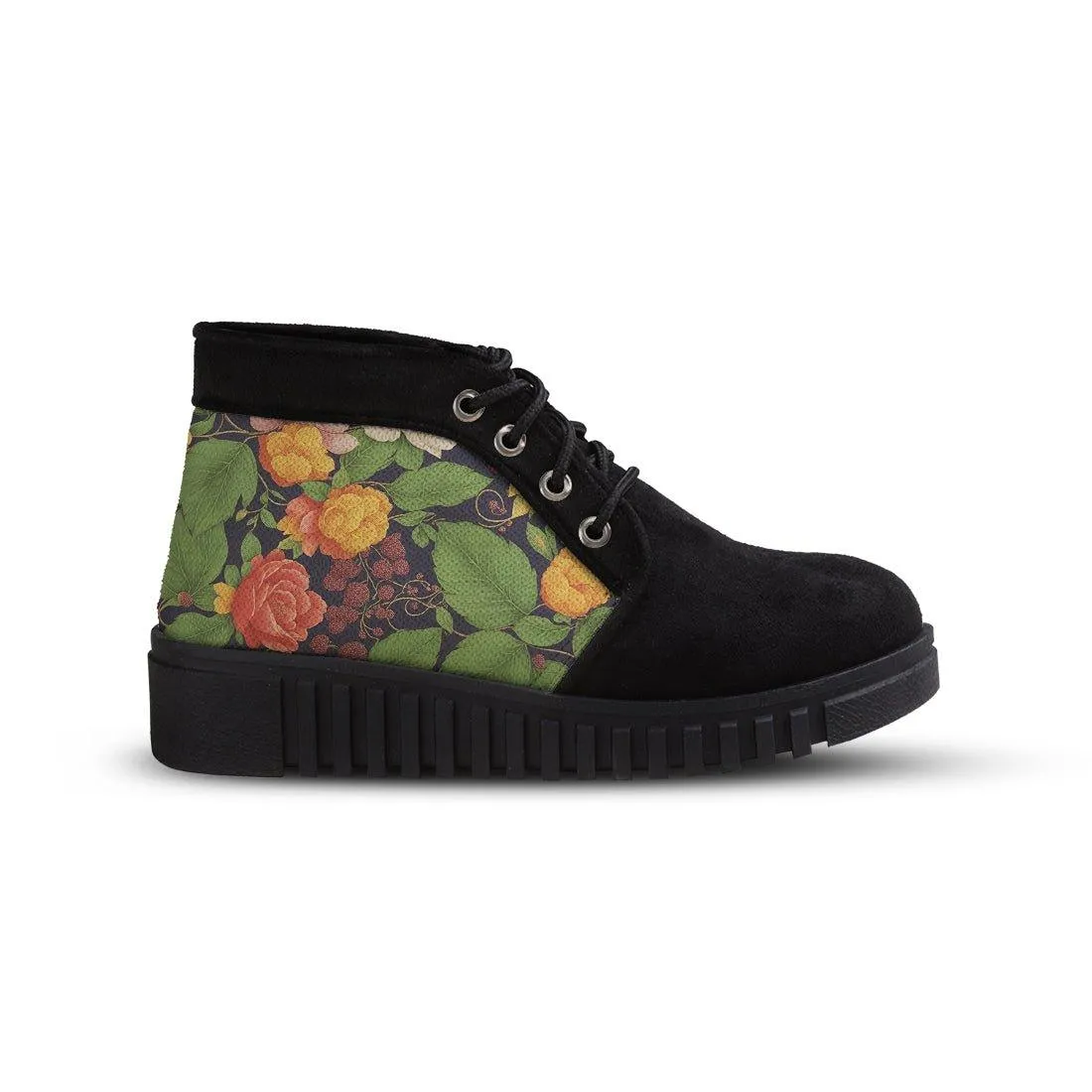 Black Bootie Surrounded Leaves
