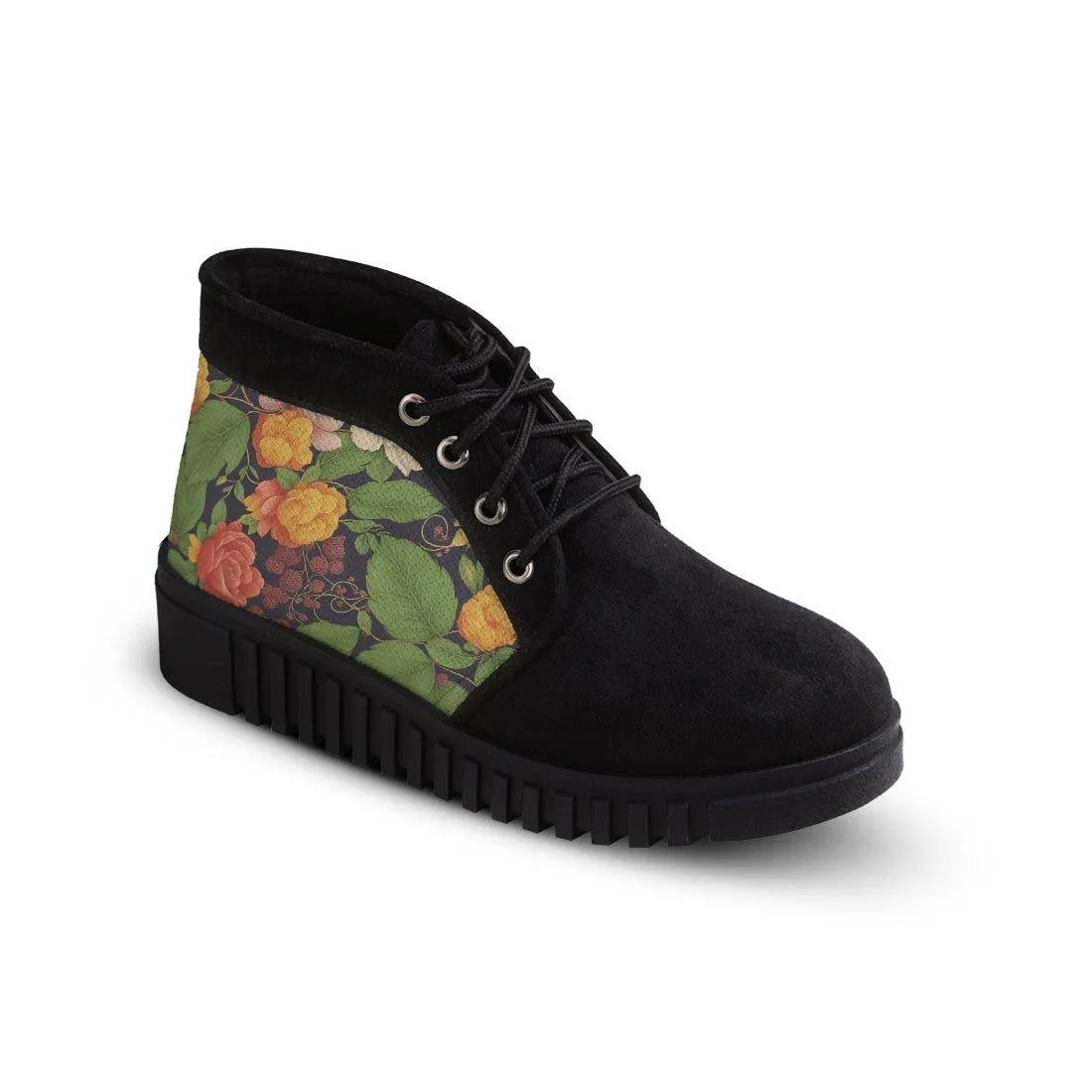 Black Bootie Surrounded Leaves