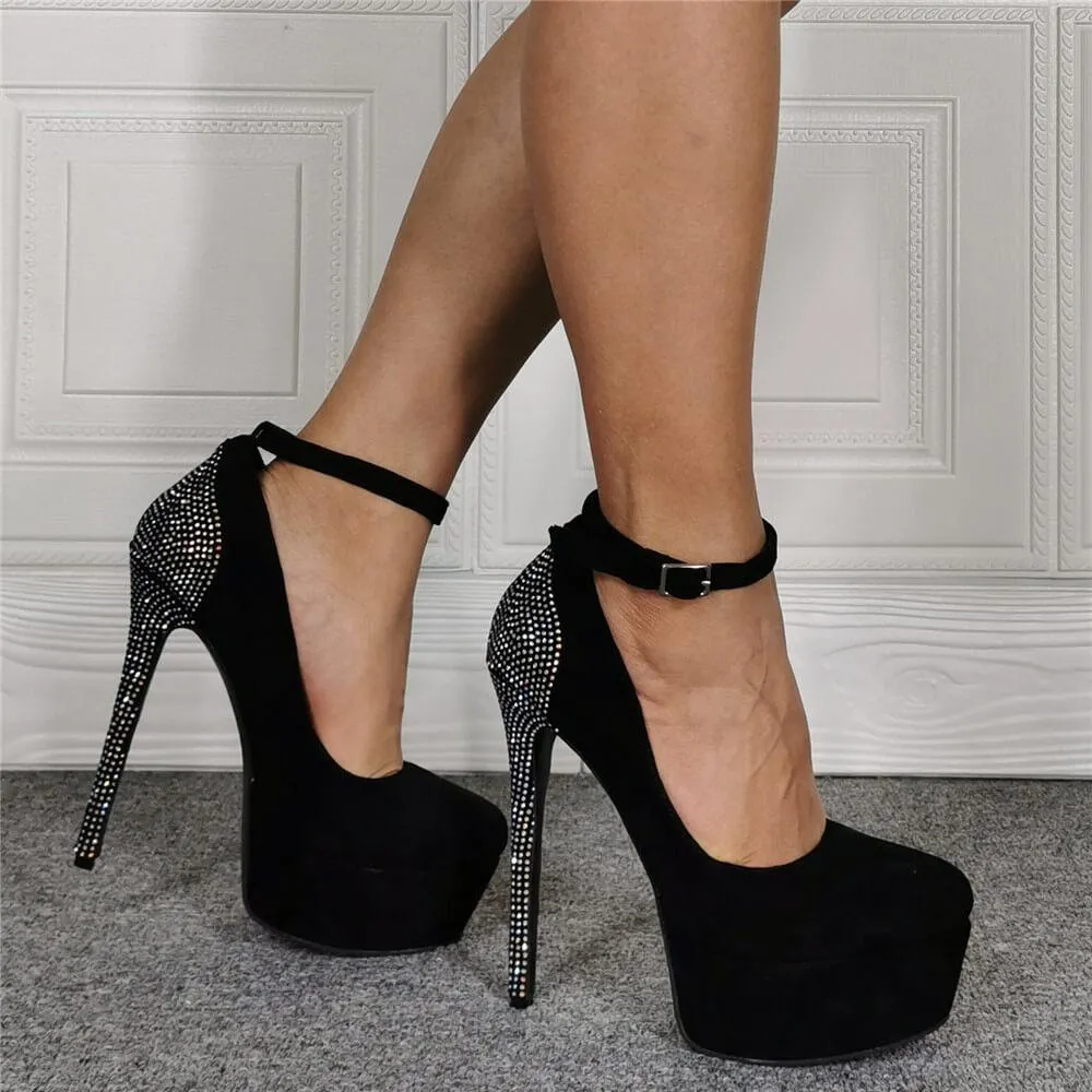 Black Suede Rhinestone Platform Buckle High Heels