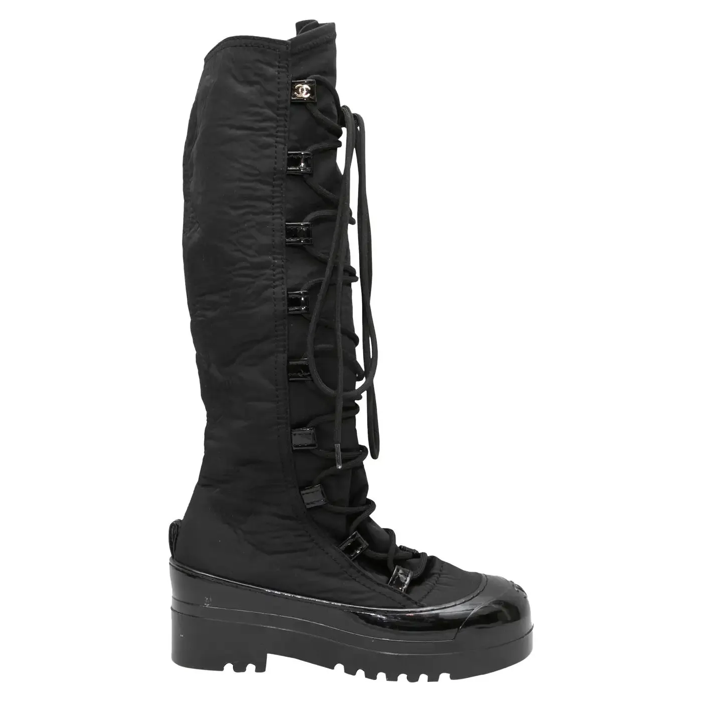 CHANEL CC LACE-UP KNEE HIGH SNOW BOOTS