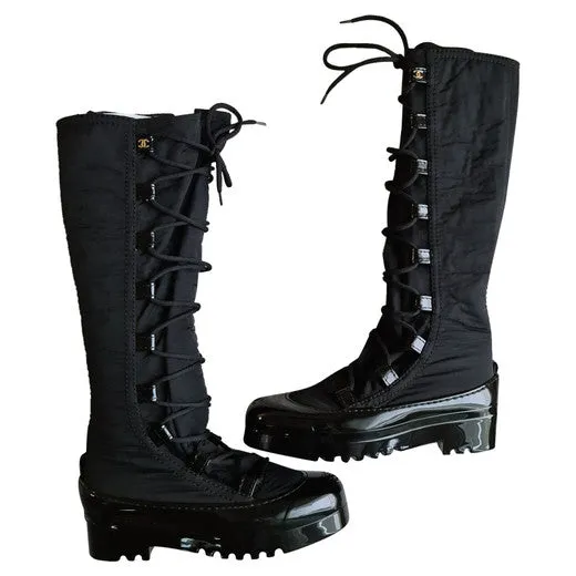 CHANEL CC LACE-UP KNEE HIGH SNOW BOOTS