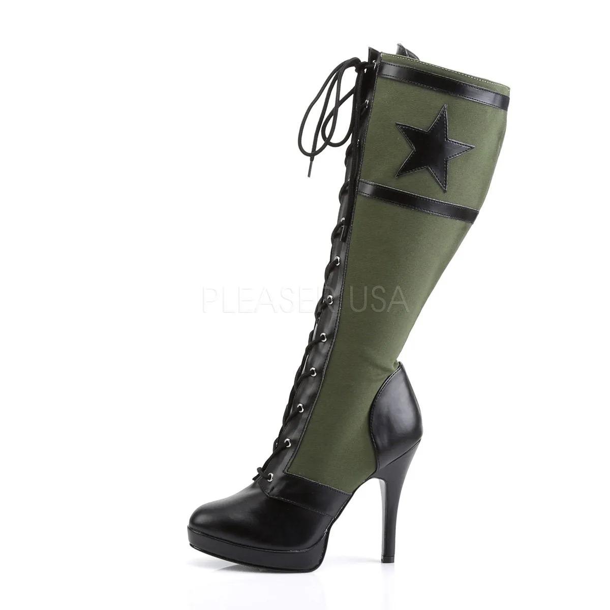 Front Lace-Up Knee High Military Boot with Star and 4-inch Spike Heel ARENA-2022