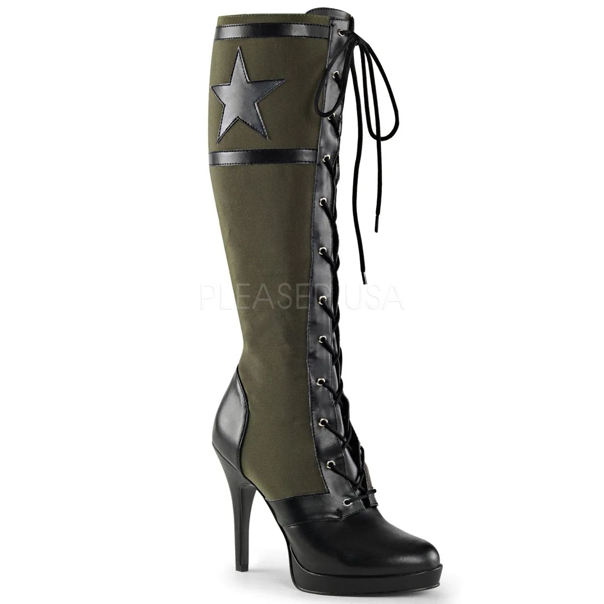 Front Lace-Up Knee High Military Boot with Star and 4-inch Spike Heel ARENA-2022