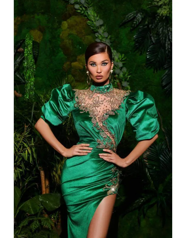 Green Silk Evening Gown With Stones