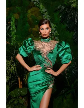 Green Silk Evening Gown With Stones