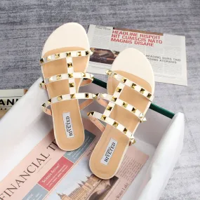 hulianfu  summer women's sandals ladies casual slippers flat shoes simple style Fashion rivet design walking and shopping Large size