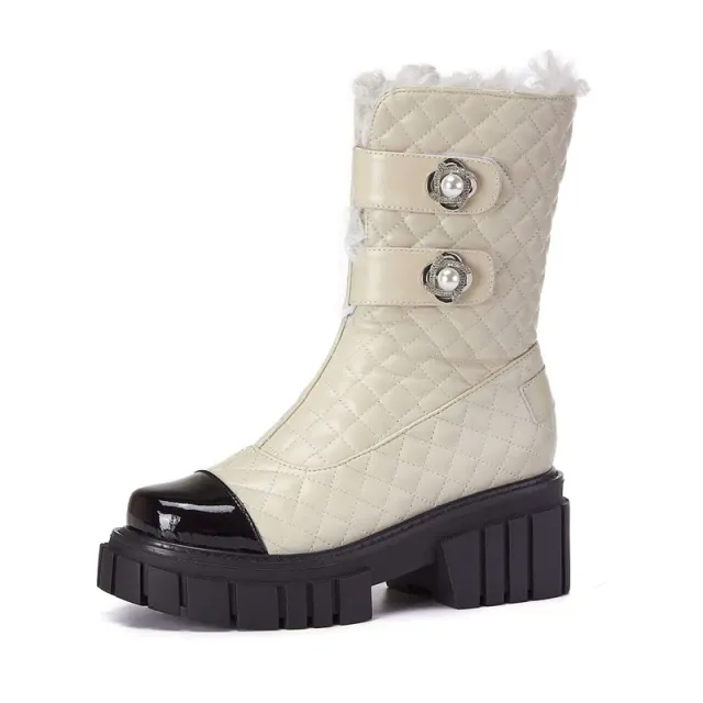 Kristen Women's Black High Heel Snow Boots with Pearl Mid-Calf Decoration