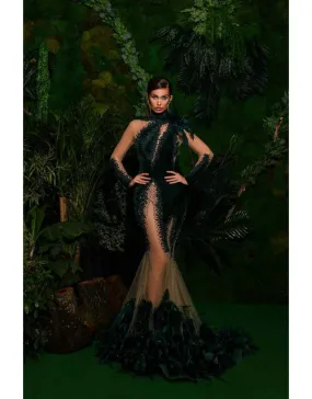 Luxury Dark Green Evening Gown with Lace