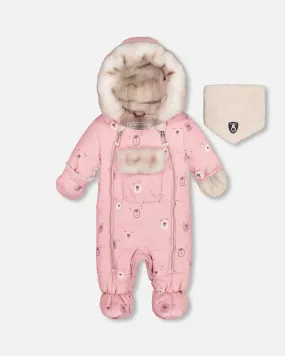One Piece Baby Snowsuit Pink Bears Designed For Car Seat