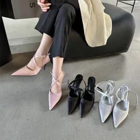 Satin Pointed Toe Adjustable Ankle Cross Strap High Heels