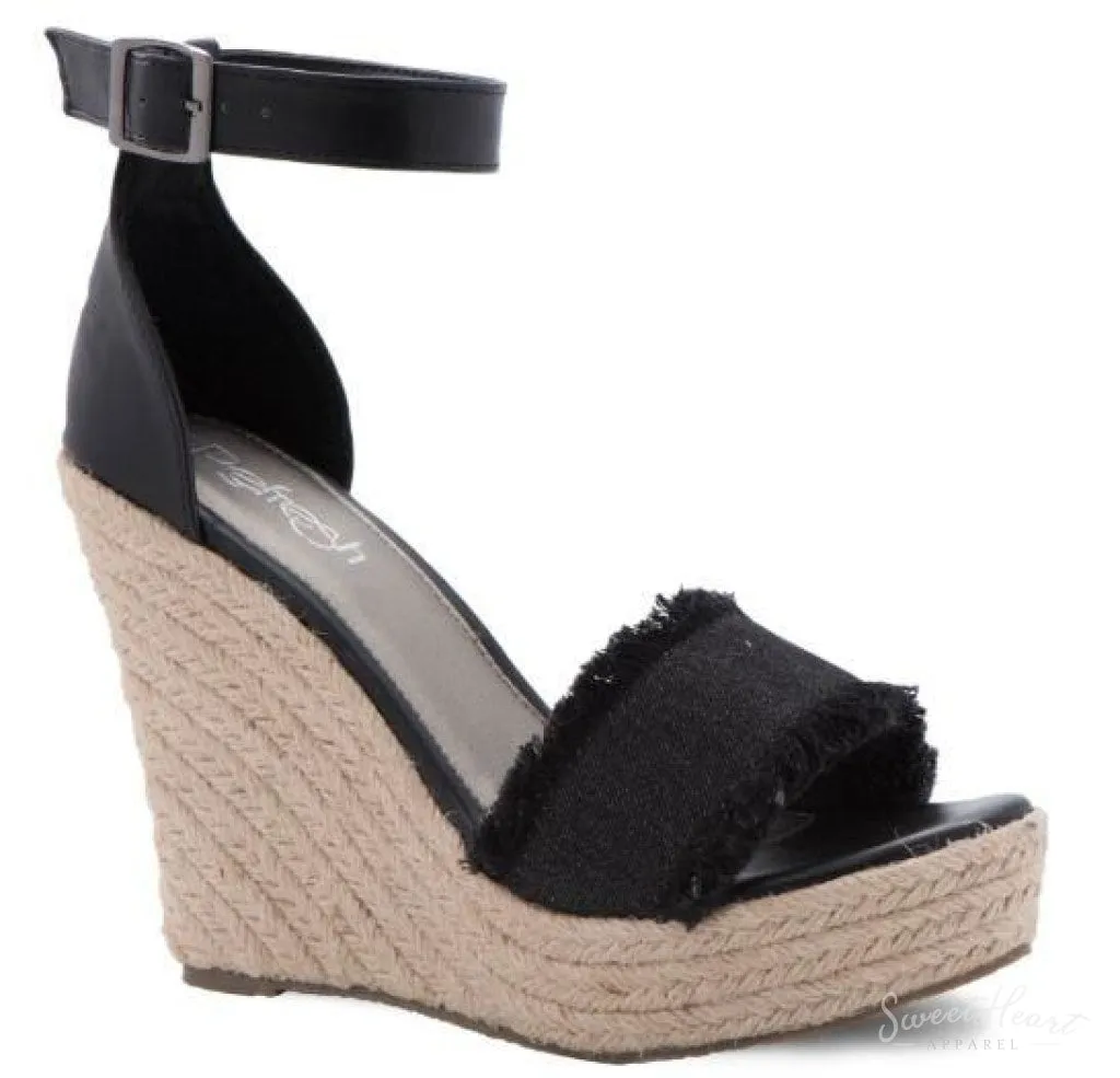 Shoe Me Luv! - Frayed Black Wedges