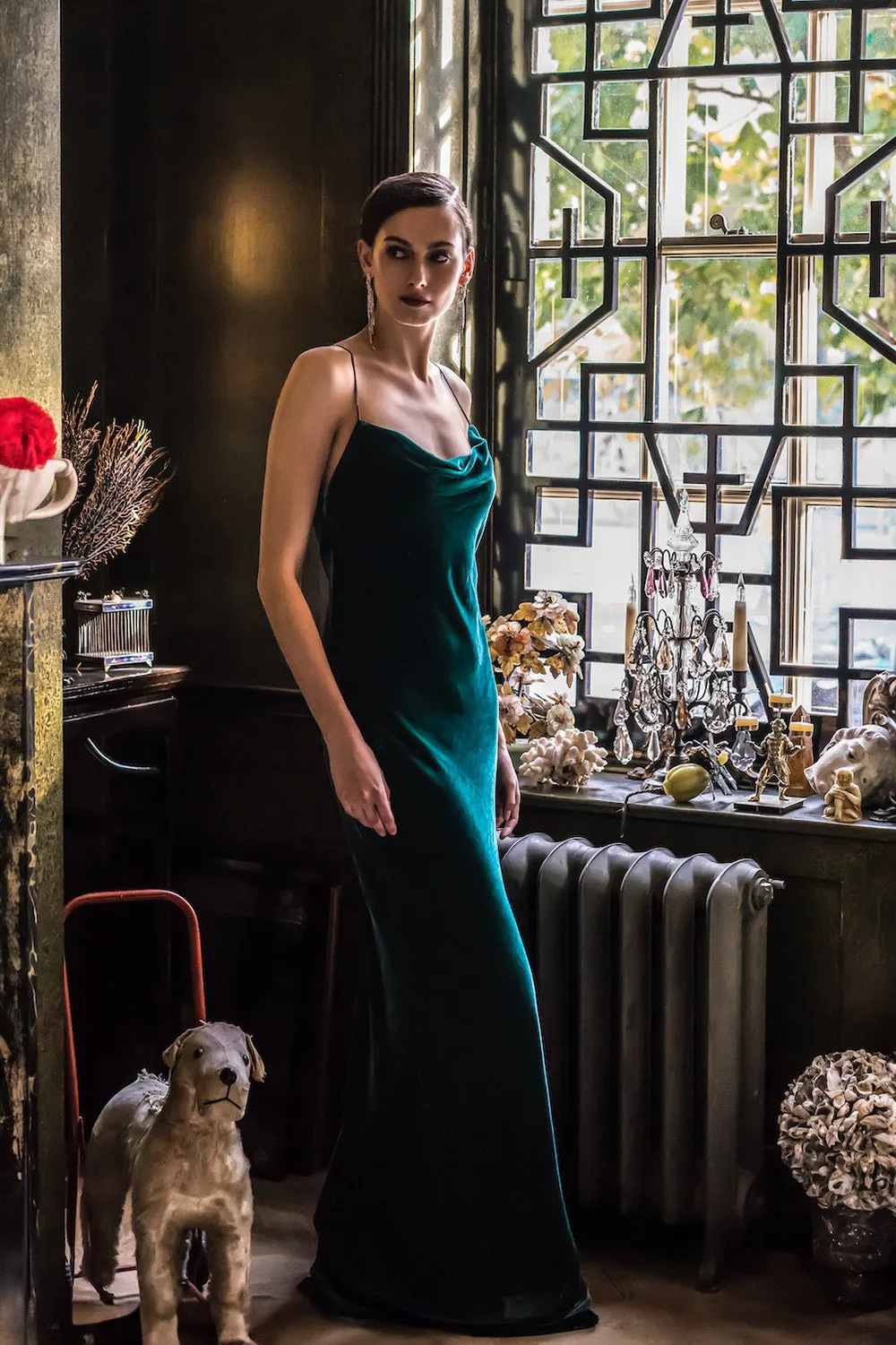 Siren maxi dress in green silk velvet