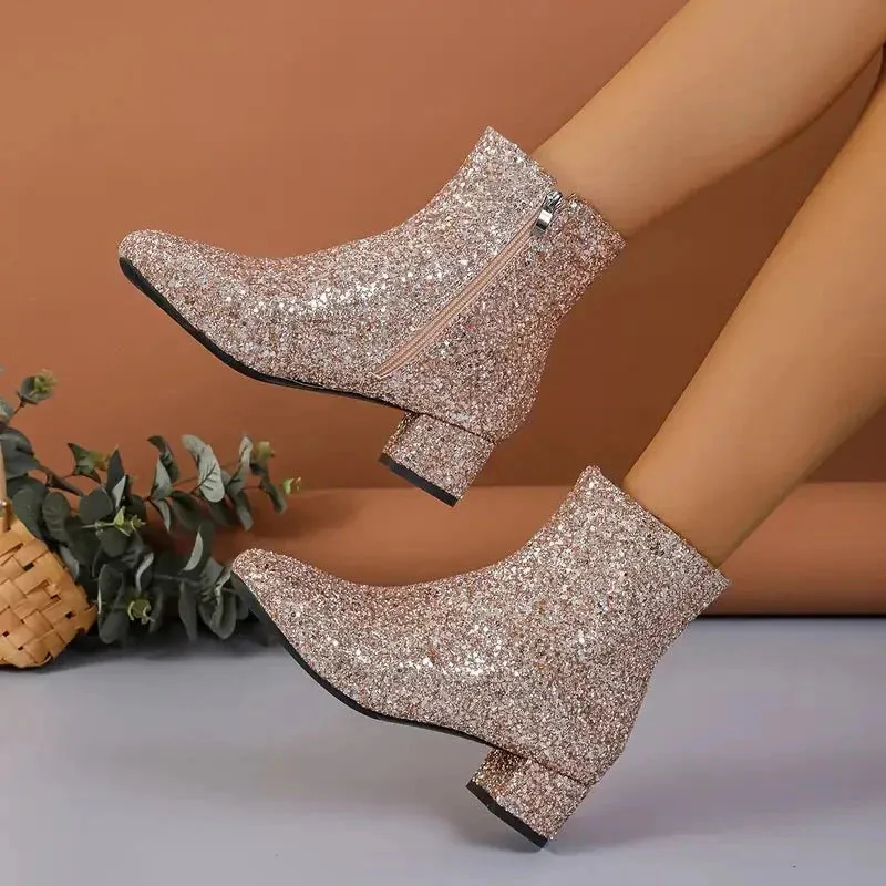 Vera | Glitter Block Heel Ankle Boots