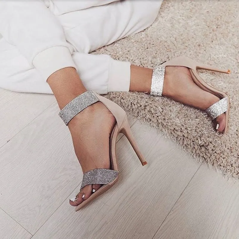Women Open Toe High Heels with Crystals
