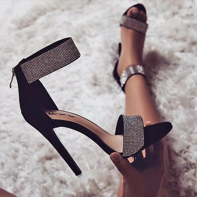 Women Open Toe High Heels with Crystals
